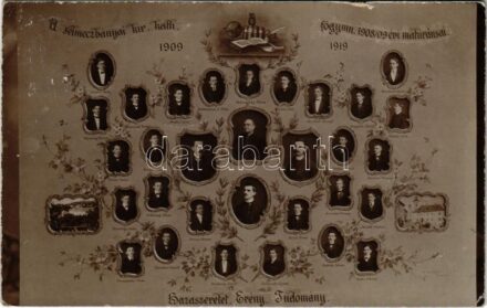 1909 Selmecbánya, Banská Stiavnica; A selmeczbányai kir. kath. főgimnázium 1908/09. évi maturánsai (tablókép). Hazaszeretet, Erény, Tudomány / school board photo (EK)