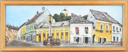 Olvashatatlan jelzéssel: Szentendre, Fő tér. Olaj, karton. Dekoratív fakeretben. 20×58 cm