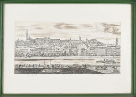 Tuka László (1924-2007): Dunapart (Budapesti panoráma). Rézkarc, papír, jelzett, számozott (24/100). Üvegezett fakeretben. 24,5×49,5 cm