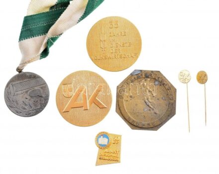 5 db vegyes magyar és külföldi kitüntetés és emlékérme, közte ~1970-1980. '50 év - Arany Diplomás Pedagógus' zománcozott fém jelvény + DN '35 év a Nemzetgazdaság szolgálatában' német nyelvű, fém emlékérem (2x) kitűzővel