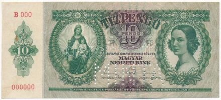 1936. 10P 'B000 - 000000' sorozat és sorszámmal, 'MINTA' perforációval T:III szép papír, 2db rozsdafoltos tűlyuk / Hungary 1936. 10 Pengő with 'B000 - 000000' serial number and 'MINTA' (SPECIMEN) perforation C:F nice paper, 2 rust-stained