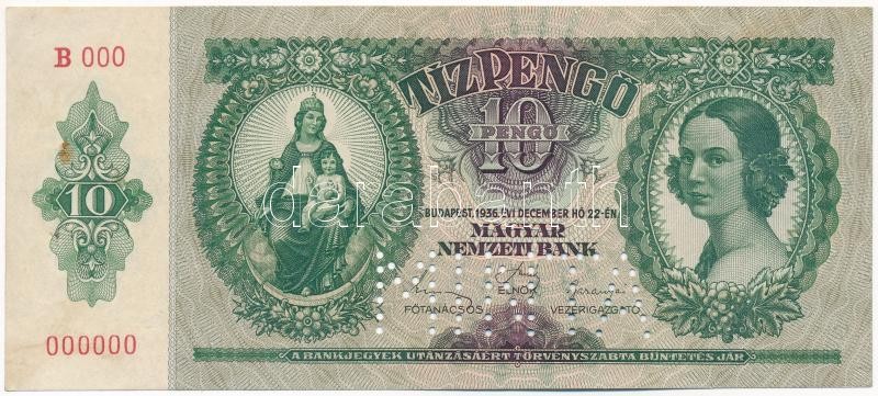 1936. 10P 'B000 - 000000' sorozat és sorszámmal, 'MINTA' perforációval T:III szép papír, 2db rozsdafoltos tűlyuk / Hungary 1936. 10 Pengő with 'B000 - 000000' serial number and 'MINTA' (SPECIMEN) perforation C:F nice paper, 2 rust-stained