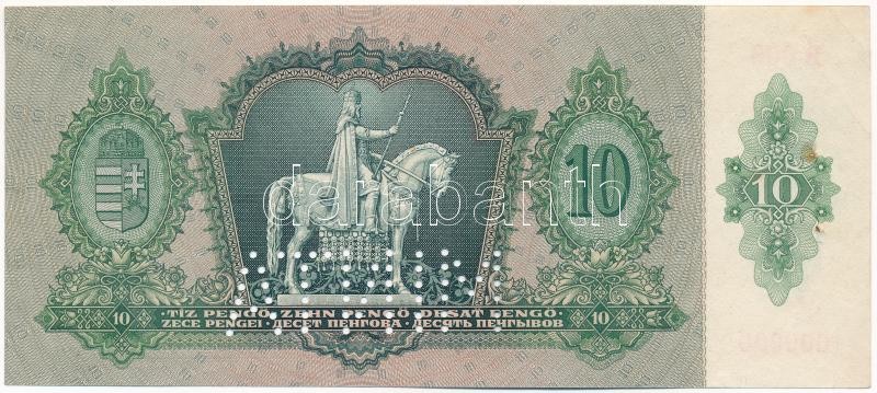 1936. 10P 'B000 - 000000' sorozat és sorszámmal, 'MINTA' perforációval T:III szép papír, 2db rozsdafoltos tűlyuk / Hungary 1936. 10 Pengő with 'B000 - 000000' serial number and 'MINTA' (SPECIMEN) perforation C:F nice paper, 2 rust-stained - Image 2