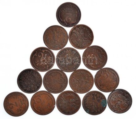 Ausztria 1900-1912. 2h Br (15db/8xklf) T:2,2- patina, ph, ü. Austria 1900-1912. 2 Heller Br (15pcs/8xdiff) C:XF,VF patina, edge error, ding Krause KM#2801