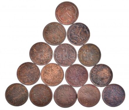 Ausztria 1893-1915. 1h Br (15db/12xklf) T:2,2- patina, ph, ü. Austria 1893-1915. 1 Heller Br (15pcs/12xdiff) C:XF,VF patina, edge error, ding Krause KM#2800