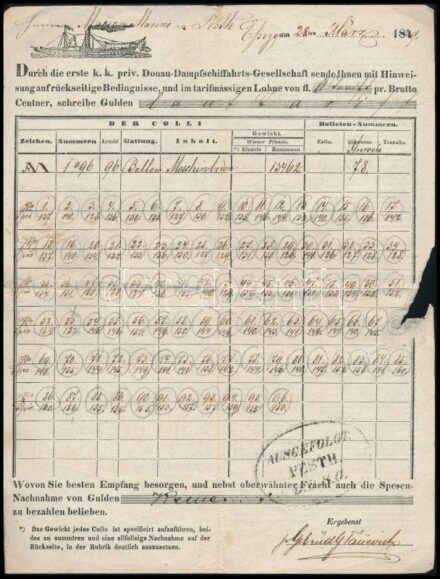 1849 DDSG hajóraklevél Essegről Pestre küldött árukról