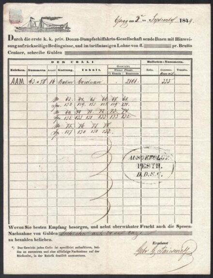 1849 DDSG hajóraklevél Essegről Pestre küldött árukról