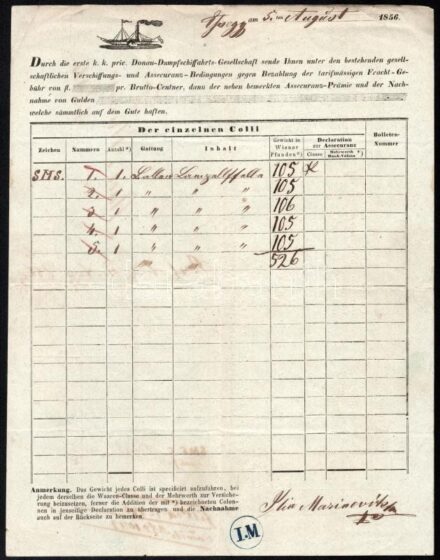 1856 DDSG hajóraklevél Essegről Pestre küldött árukról
