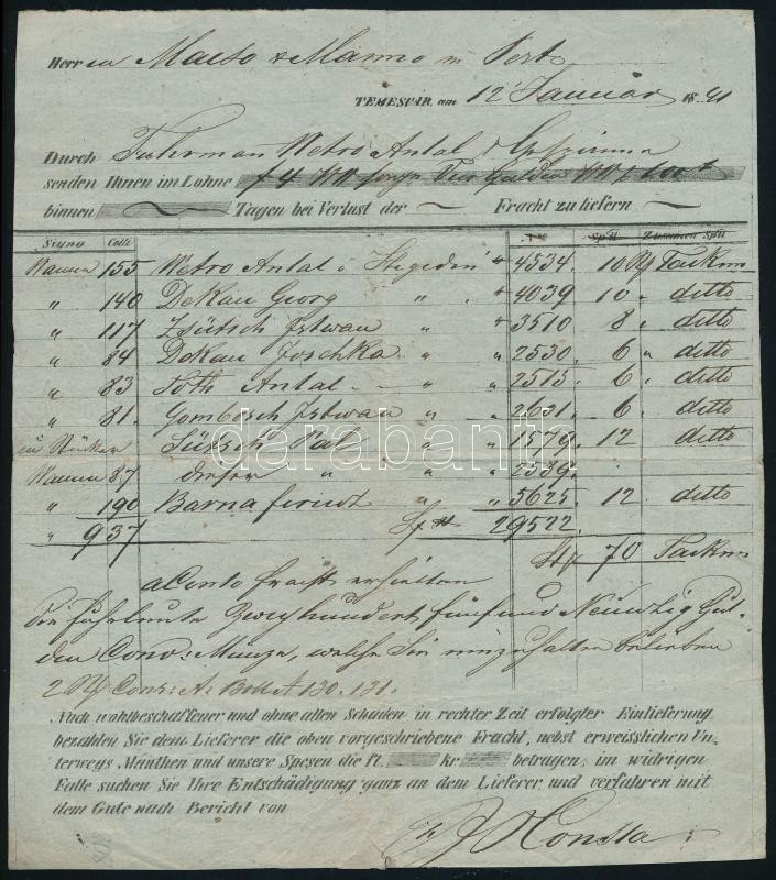 1841 Fuvarlevél Temesvárról Pestre küldött árukról