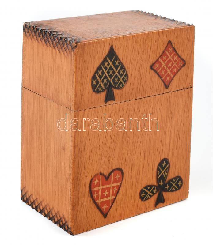 Fa kártyatartó doboz, benne 2 pakli régebbi franciakártyával, 11,5x9x5,5 cm - Image 2