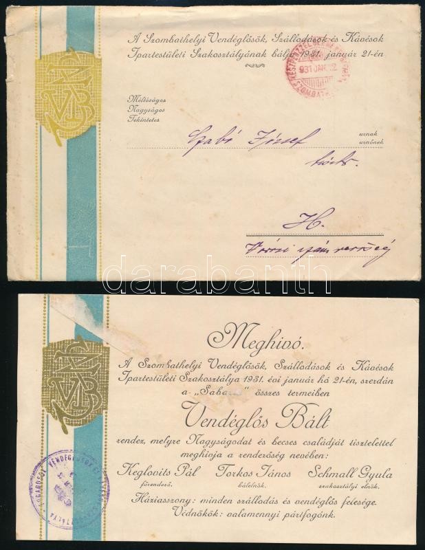 1931 Szombathelyi Vendéglősök, Szállodások és Kávésok Ipartestületi Szakosztályának meghívója Vendéglős Bálra, kissé szakadt borítékkal, a meghívón címke nyomokkal, 11x18 cm