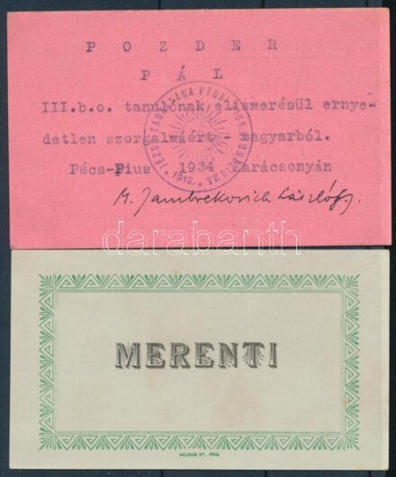 1934-1961 4 db kitüntetéskártya és jutalomlap, közte kettő kézzel illusztált