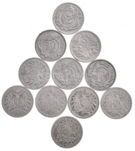 Ausztria 1893-1911. 20h Ni (11db/6xklf) T:2,2- patina, kis ph Austria 1893-1911. 20 Heller Ni (11pcs/6xdiff) C:XF,VF patina, small edge error Krause KM#2803
