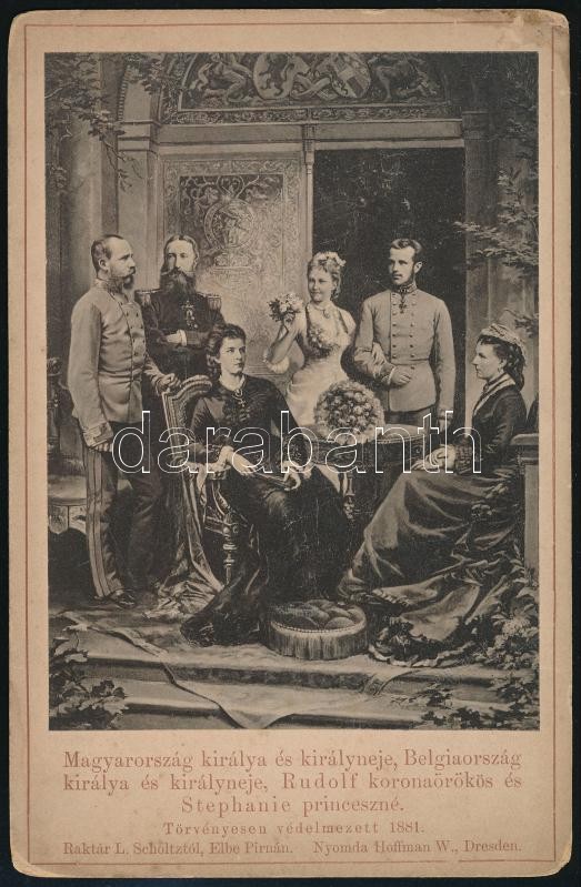 1881 Habsburg Rudolf (1858-1889) trónörökös és Stefánia belga királyi hercegnő (1864-1945) eljegyzési képe, szüleik társaságában, (I. Ferenc József császár és király, Erzsébet császárné és királyné, II. Lipót belga