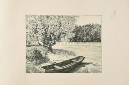 Csanády András (1929- ): Dunapart. Rézkarc, papír, jelzett 29x39 cm