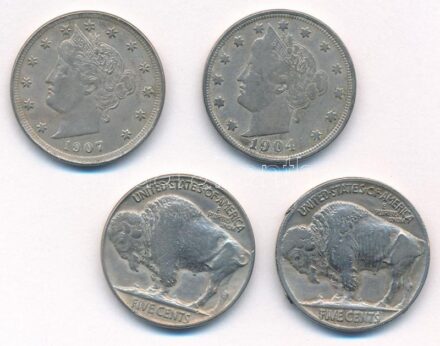 Amerikai Egyesült Államok 1904-1907. 5c Cu-Ni (2xklf) 'Liberty' + 1915-1920 5c Cu-Ni (2xklf) 'Buffalo' T:2,2- patina, ph USA 1904-1907. 5 Cents Cu-Ni (2xdiff) 'Liberty' + 1915-1920. 5 Cents Cu-Ni (2xdiff) 'Buffalo' C:XF,VF patina, edge