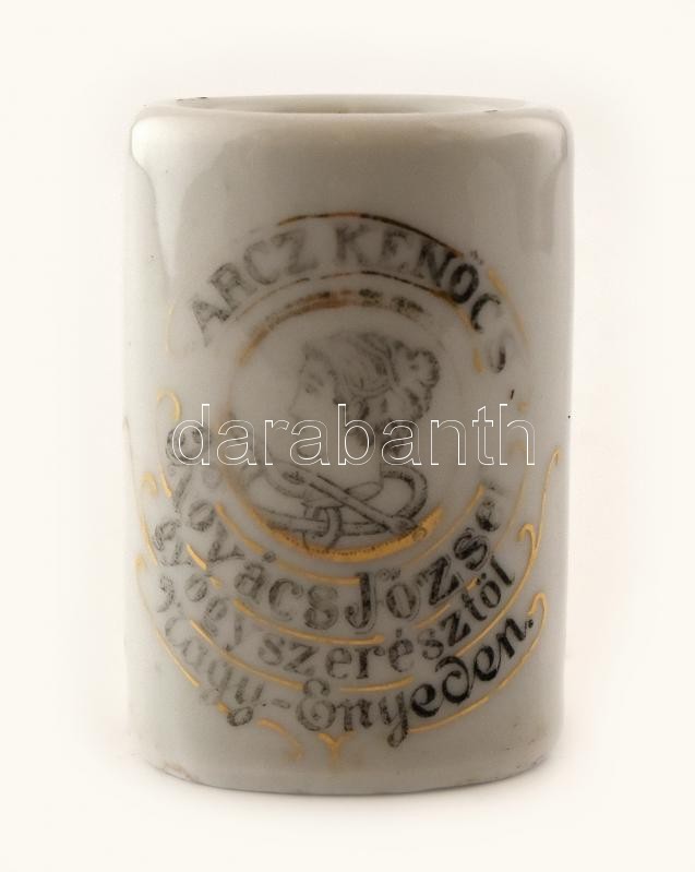 cca 1890 Nagyenyed, Kovács József gyógyszerész díszes fajansz arckrémes tégelye, kissé kopott, aranyozott felirattal, hibátlan. / Aliud pharmacy cream pot from fayance m: 5 cm