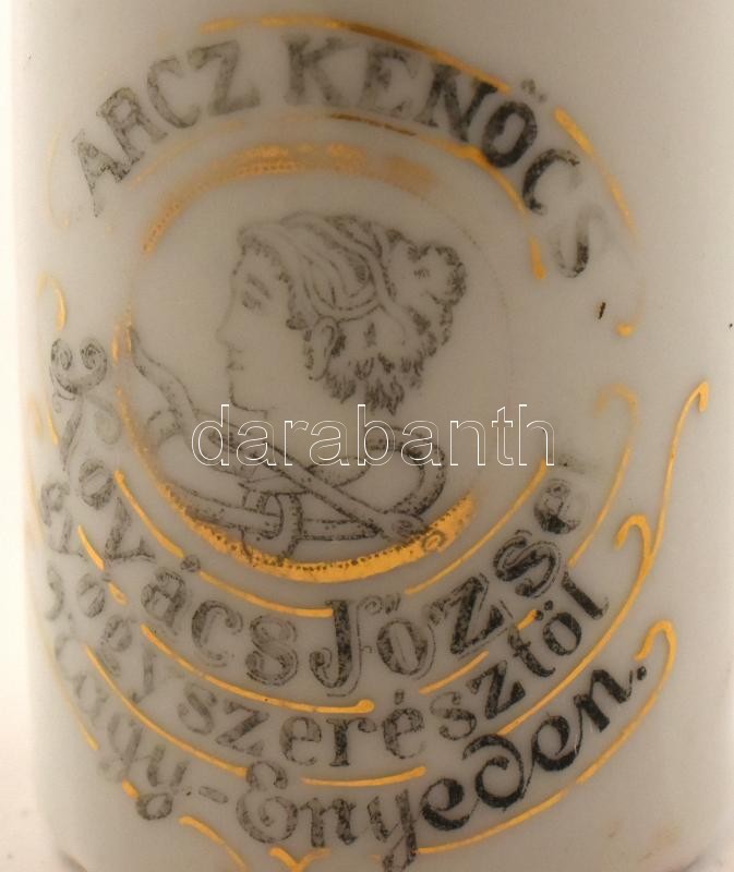 cca 1890 Nagyenyed, Kovács József gyógyszerész díszes fajansz arckrémes tégelye, kissé kopott, aranyozott felirattal, hibátlan. / Aliud pharmacy cream pot from fayance m: 5 cm - Image 2
