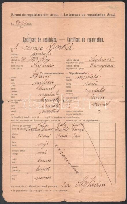 1920 Arad, négytagú magyar család repatriálási engedélye, fotókkal.
