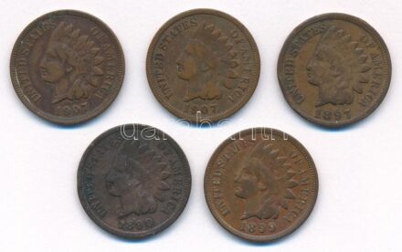 Amerikai Egyesült Államok 1890-1907. 1c Br (5db/4xklf) 'Indián fej' T:2,2- patina, ph, karc USA 1890-1907. 1 Cent Br (5pcs/4xdiff) 'Indian Head' C:XF,VF patina, edge error, scratch Krause KM#90a