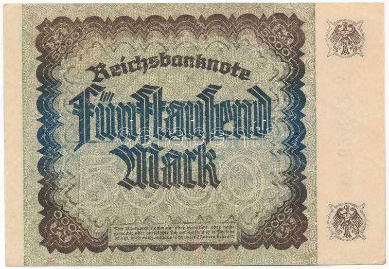 Németország / Weimari Köztársaság 1922. 5000M T:II,II- több kisebb törés Germany / Weimar Republic 1922. 5000 Mark C:XF,VF more smaller bends Krause P#77 - Image 2