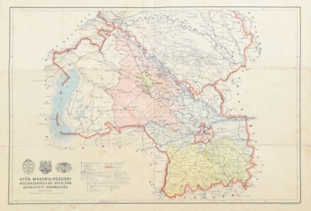 1936 Győr, Moson és Pozsony közigazgatásilag egyelőre egyesített vármegyék, 1:290 000, M. kir. Állami Térképészeti Intézet, szakadással, 35×50 cm