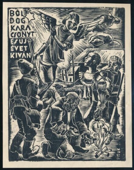 Pituk József Viktórián (1906-1991): Boldog karácsonyt. Linómetszet, papír. Jelzett a nyomaton 14x10 cm