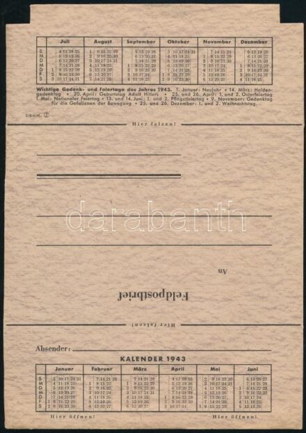 1943 Tábori postai levelezőlap, kártyanaptárral, rajta Adolf Hitler születésnapjával. 22x15 cm / German feldpost letter with Hitler's birthday