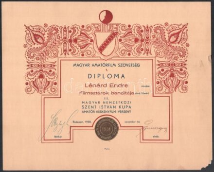 1938 Magyar Amtőrfilm Szövetség diplomája Lénárd Endre Filmsztárok banditája c. filmjéért. 31x25 cm