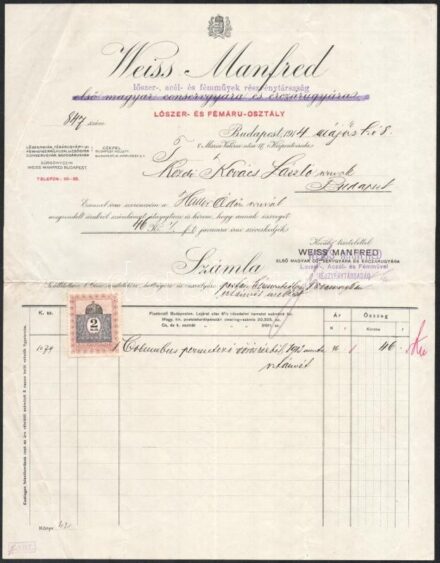 1914 Bp., Weiss Manfréd Lőszer- és Fémáru-osztály fejléces számla