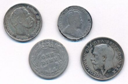 4 db vegyes külföldi érme tétel, közte Dánia 1874. 25Ö Ag 'IX. Keresztély' + Kanada 1903. 5c Ag + Amerikai Egyesült Államok 1911. 10c Ag + Nagy-Britannia 1921. 6p Ag 'V. György' T:2,2- patina 4pcs mixed foreign coin lot, in it Denmark