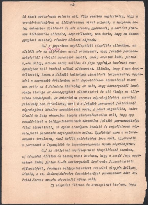 1947 Pethő Ferenc csendőrszázados esztergomi zsidók deportálásával kapcsolatos népbírósági perének fellebbezése 7 gépelt oldal. - Image 4