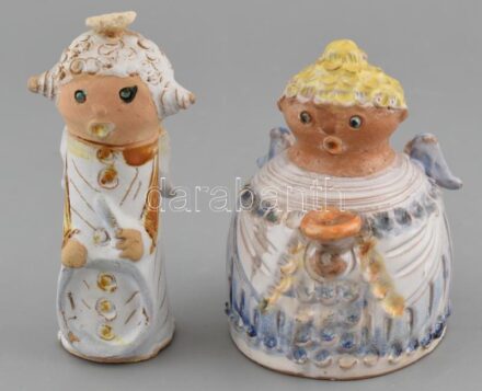 Kiss Roóz Ilona (1920-2010): Angyal. 2db Mázas kerámia, kézzel festett, jelzett, hibátlan, m: 12-13 cm