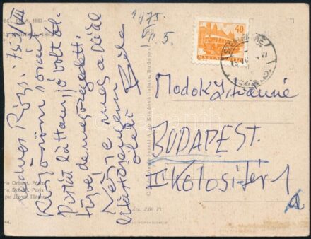 1975 Czóbel Béla festőművész autográf üdvözlőlapja sógórnőjének, Modok Istvánnénak, Czóbel Béla festményét reprodukáló képeslapon.