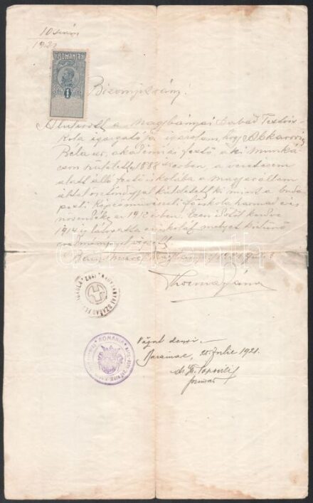 1921 Thorma János (1870-1937) autográf bizonyítványa a Nagybányai Szabad Festőiskola igazgatójaként Apáti-Abkarovics Béla (1888-1957) festőművésznek az iskola kitűnő eredménnyel történt elvégzéséről