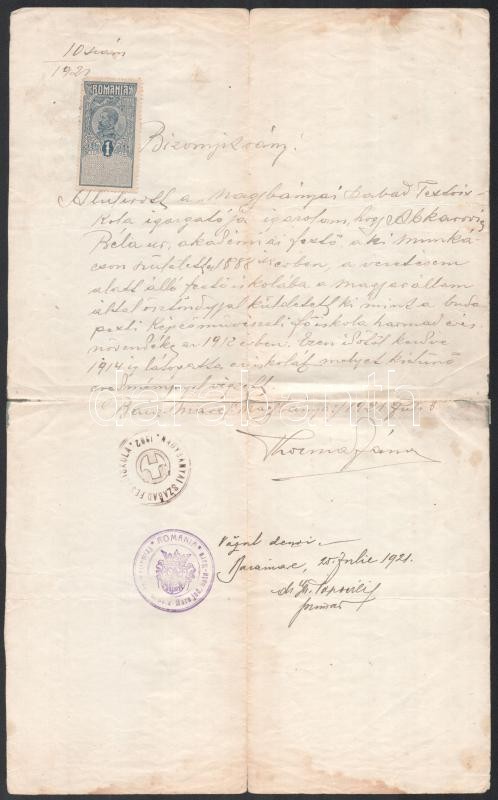 1921 Thorma János (1870-1937) autográf bizonyítványa a Nagybányai Szabad Festőiskola igazgatójaként Apáti-Abkarovics Béla (1888-1957) festőművésznek az iskola kitűnő eredménnyel történt elvégzéséről