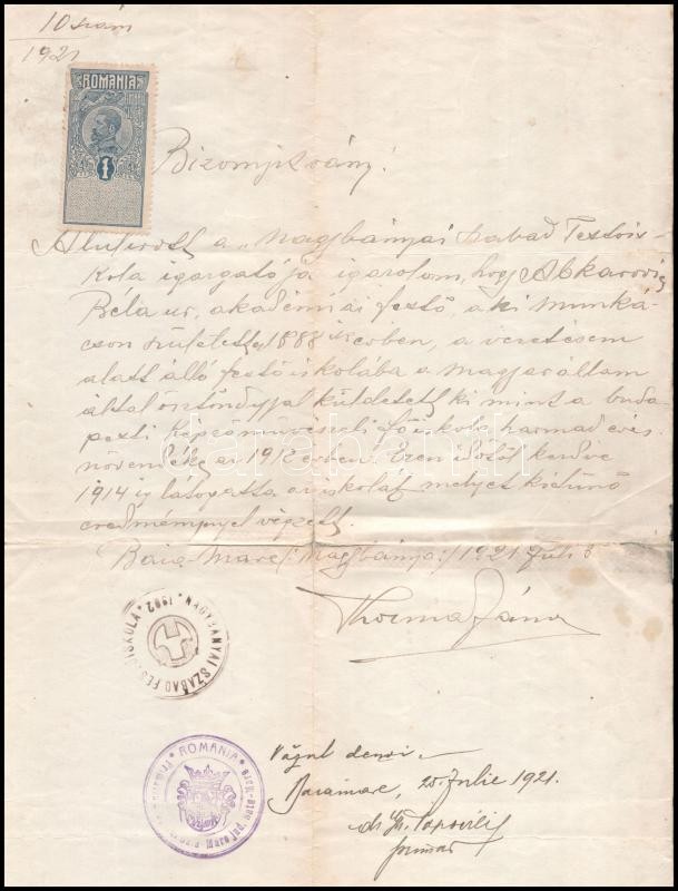 1921 Thorma János (1870-1937) autográf bizonyítványa a Nagybányai Szabad Festőiskola igazgatójaként Apáti-Abkarovics Béla (1888-1957) festőművésznek az iskola kitűnő eredménnyel történt elvégzéséről - Image 2