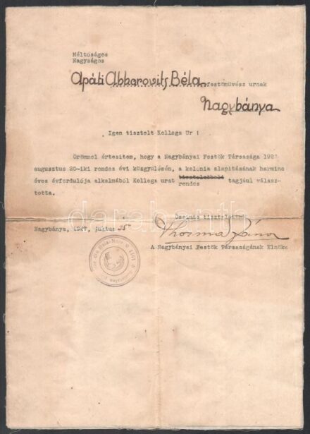1926 Thorma János (1870-1937) autográf oklevele a Nagybányai Festők Társaságának elnökeként Apáti-Abkarovics Béla (1888-1957) festőművész felvételéről, hajtásnyommal