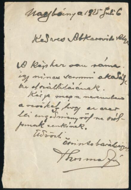 1925 Thorma János (1870-1937) Nagybányán kelt autográf levele Apáti-Abkarovics Béla (1888-1957) festőművésznek, melyben egy eladott képéről ír, és kéri, hogy ne szóljon az ezer lei kedvezményről.