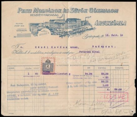 1915 Bp., Pesti Molnárok és Sütők Gőzmalom fejléces számla