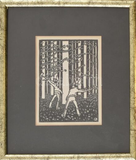 Kós Károly (1883-1977): Favágók. Fametszet, papír, jelzett a nyomaton. Üvegezett keretben. 16x11 cm
