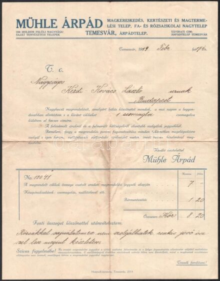 1919 Temesvár, Mühle Árpád Magkereskedés fejléces számla