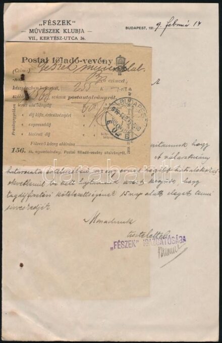 1919 Bp., 'Fészek' Művészek Klubja fejléces számla