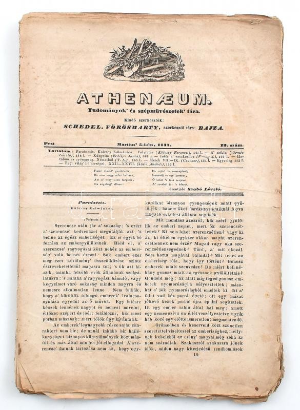 1837 Athenaeum Tudományok és Szépművészetek Tára 5 db száma
