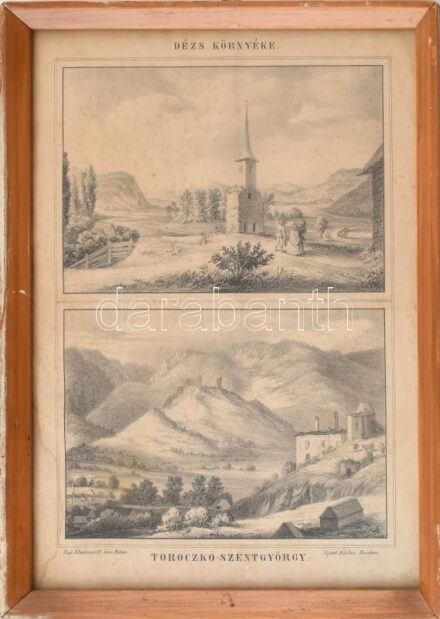 1853 Toroczkó-Szentgyörgy és Dézs. Klimbovics F. körajza. Kubinyi Ferenc: Magyarország és Erdély képekben c munkábó. Üvegezett keretben. / Lithograhy 22x28 cm