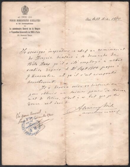 1900 Párizs, Párisi Nemzetközi Kiállítás fejléces levélpapírjára Andrássy Béla által írt levél, saját kezű aláírásával