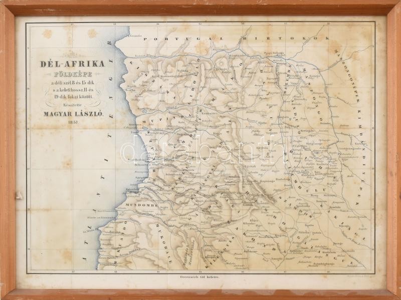1857 Dél Afrika földképe a déli szél 8-és 15-dik s a keleti hossz 11 és 19-dik fokai között. Készítette Magyar László. Színezett rézmetszet, üvegezett keretben. / Engraved map of South Africa 34x28 cm Üvegezett keretben.