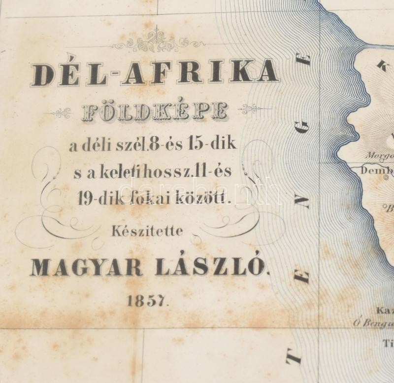 1857 Dél Afrika földképe a déli szél 8-és 15-dik s a keleti hossz 11 és 19-dik fokai között. Készítette Magyar László. Színezett rézmetszet, üvegezett keretben. / Engraved map of South Africa 34x28 cm Üvegezett keretben. - Image 2