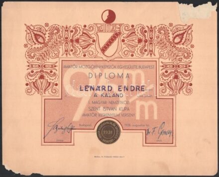 1935 Bp., Lénárd Endre - A kaland, Magyar Amatőrfilm Szövetség diploma, sérült