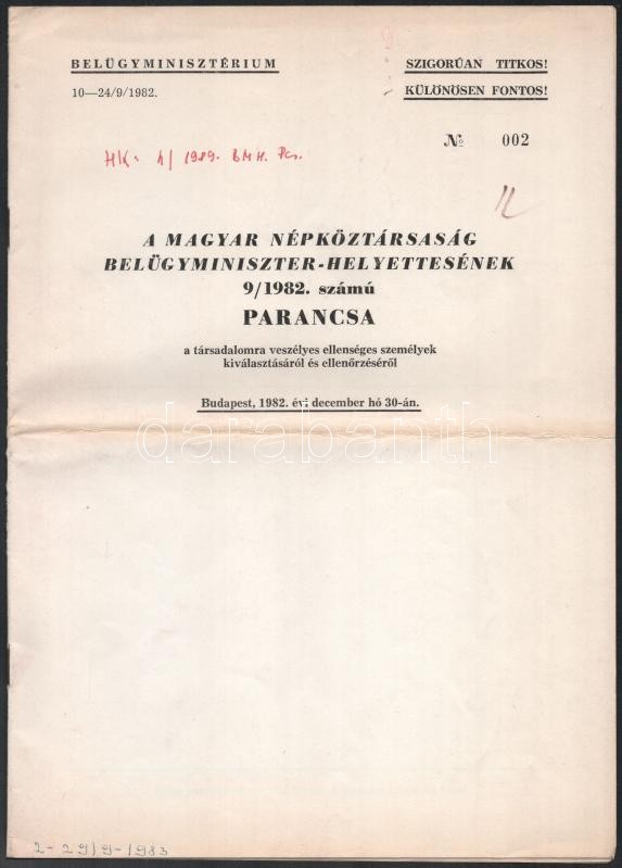 1982 A Magyar Népköztársaság Belügyminiszter-helyettesének 9/1982. számú parancsa a társadalomra veszélye és ellenséges személyek kiválasztásáról és ellenőrzéséről SZT dokumentum 12 p